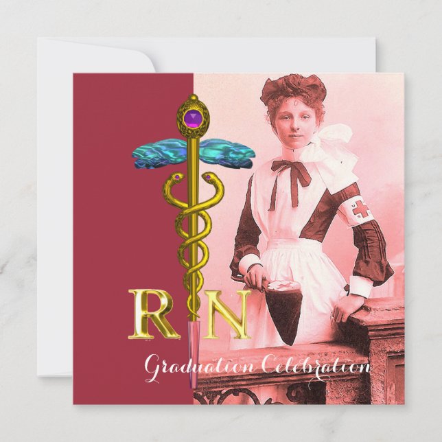 VINTAGE NURSE and Gold Caduceus Emblem Graduation Invitation (Front)