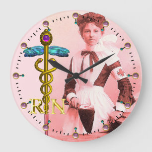VINTAGE NURSE and Gold Caduceus NR Emblem Large Clock