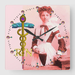 VINTAGE NURSE and Gold Caduceus NR Emblem Square Wall Clock