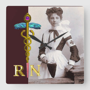 VINTAGE NURSE and Gold Caduceus NR Emblem Square Wall Clock