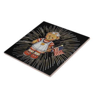 Vintage Nurse Bear with Modern White Fireworks Tile
