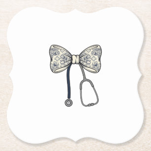 Vintage Nurse Bow Stethoscope Floral Shirt Design_ Paper Coaster