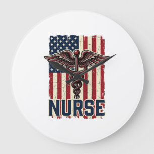 Vintage Nurse Flag Caduceus Back Design_1 Large Clock