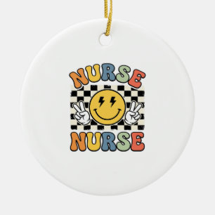 Vintage Nurse Smiley Chequerboard Shirt Design_1 Ceramic Tree Decoration