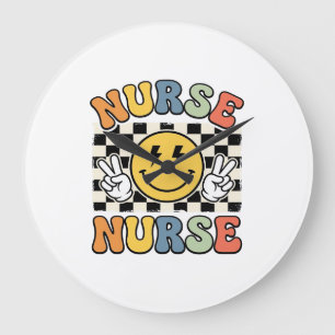 Vintage Nurse Smiley Chequerboard Shirt Design_1 Large Clock