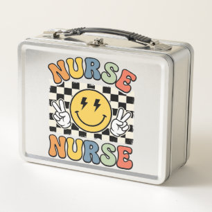 Vintage Nurse Smiley Chequerboard Shirt Design_1 Metal Lunch Box