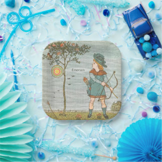 Vintage Nursery Rhyme Illustration Boy Bow Arrow Paper Plate