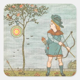 Vintage Nursery Rhyme Illustration Boy Bow Arrow Square Sticker