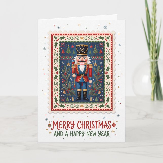 Vintage Nutcracker Stamp Merry Christmas Holiday Card (Front)