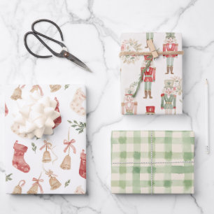 Vintage Nutcracker Stocking Gingham Watercolor Wrapping Paper Sheet