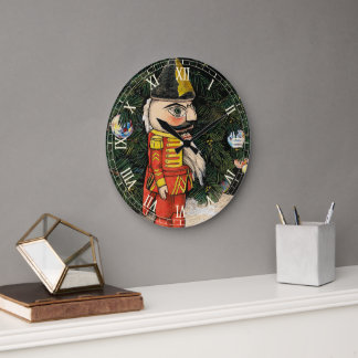 Vintage Nutcracker Under Christmas Tree Large Clock