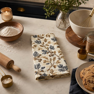 Vintage Oak Leaf Elegant Blue and Gold Tea Towel