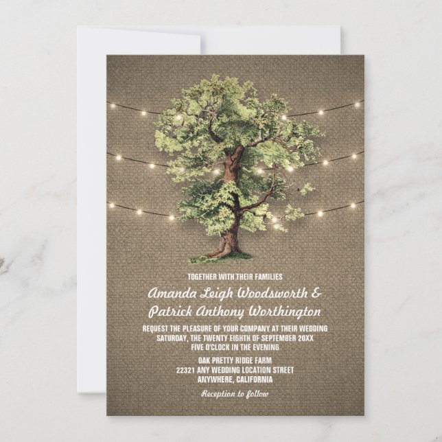 Vintage Oak Tree Rustic Lights Wedding Invitations (Front)