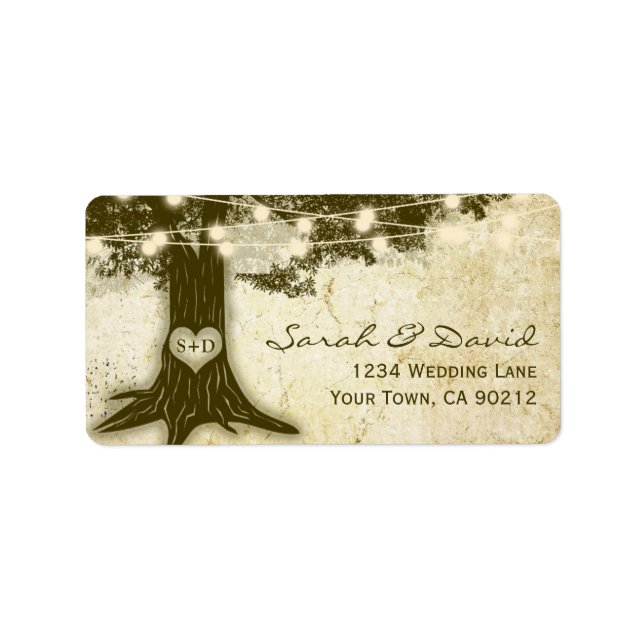 Vintage Oak Tree String Lights Wedding Label (Front)