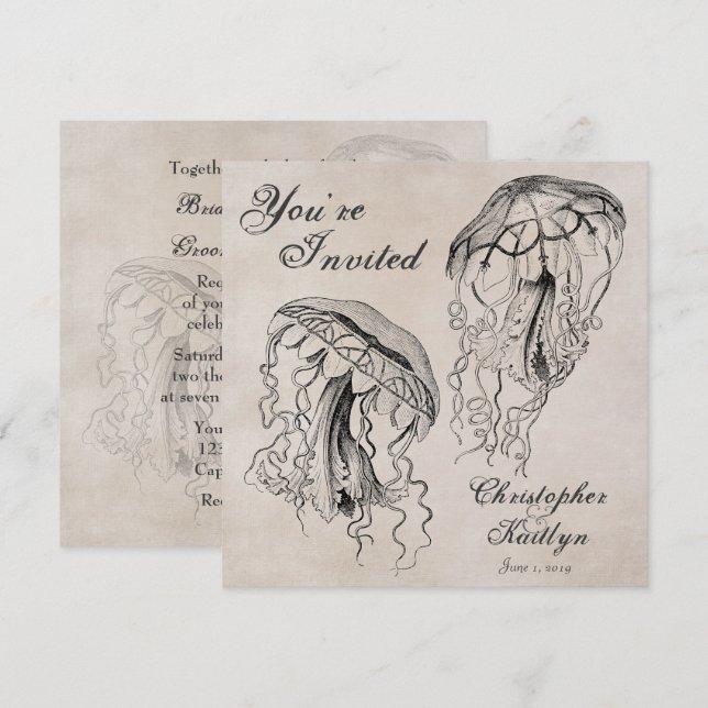 Vintage Ocean Jellyfish Beach Wedding Invitation (Front/Back)