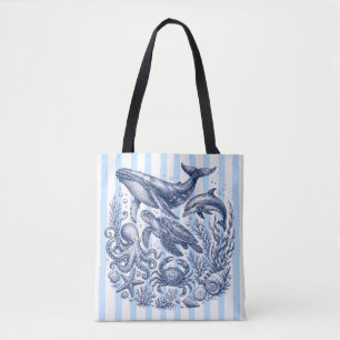 Vintage Ocean Life Blue Stripe Nautical Tote Bag