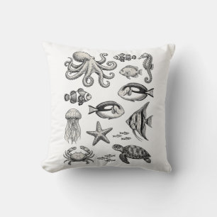 Vintage Ocean Life Engraving Illustration Cushion