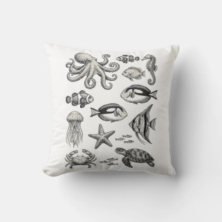 Vintage Ocean Life Engraving Illustration Cushion