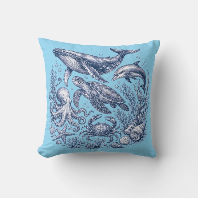 Vintage Ocean Life Light Blue Nautical Cushion (Front)