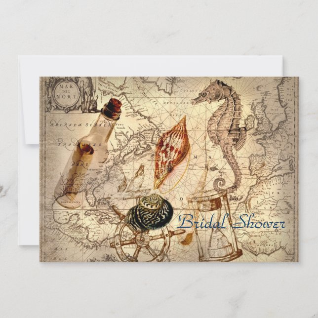 vintage  ocean map beach wedding bridal shower invitation (Front)