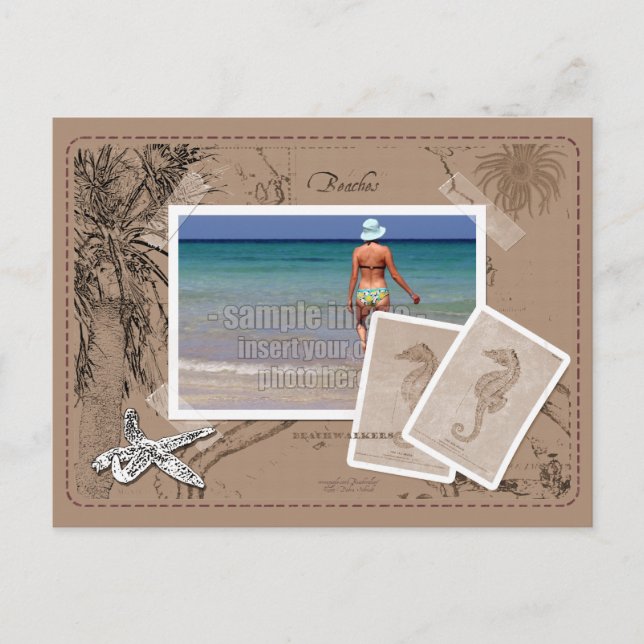 Vintage Ocean Map Collage Tan Photo Frame Postcard (Front)