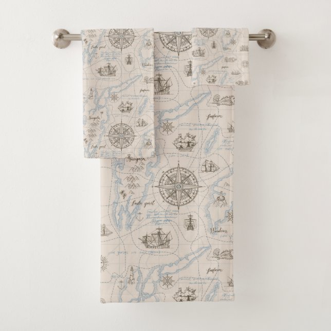 Vintage Ocean Map Pattern Bath Towel Set (Insitu)