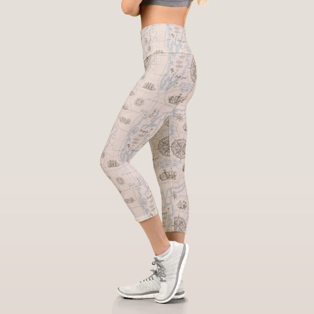 Vintage Ocean Map Pattern Capri Leggings (Left)