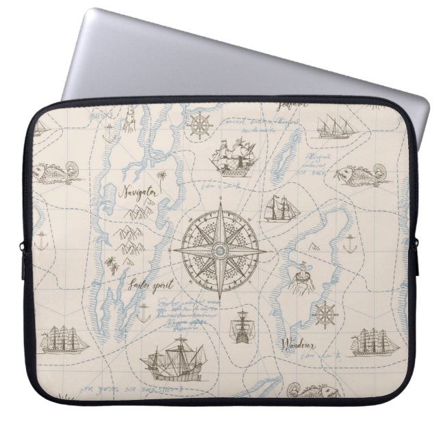 Vintage Ocean Map Pattern Laptop Sleeve (Front)