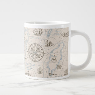 Vintage Ocean Map Pattern Large Coffee Mug