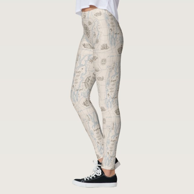 Vintage Ocean Map Pattern Leggings (Left)