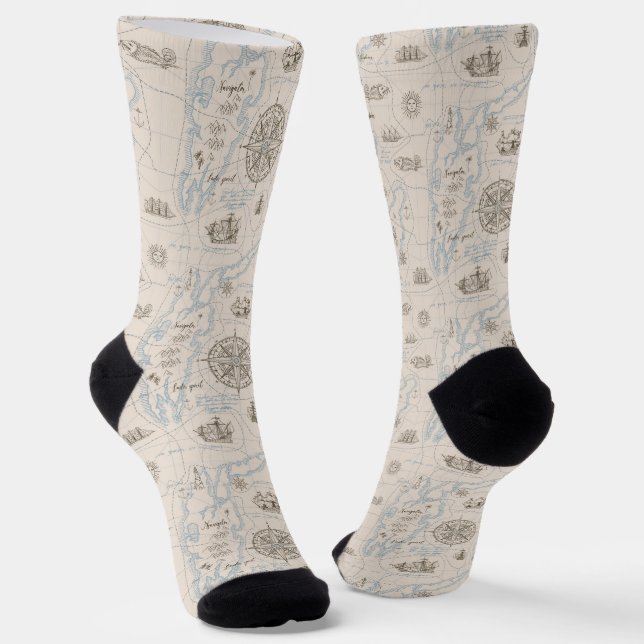 Vintage Ocean Map Pattern Socks (Angled)