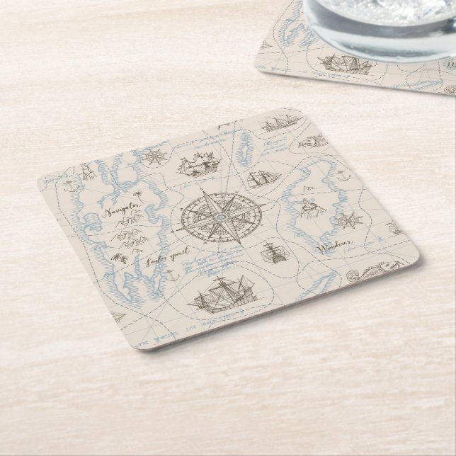 Vintage Ocean Map Pattern Square Paper Coaster (Angled)