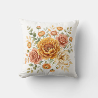 Vintage Ochre & Rose Floral Bouquet Cushion