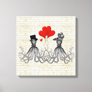 Vintage octopi and hearts canvas print