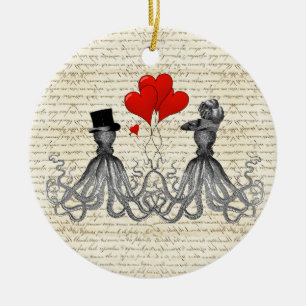 Vintage octopi and hearts ceramic tree decoration