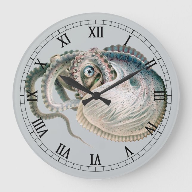 Vintage Octopus Argonaut, Marine Life Animals Large Clock (Front)