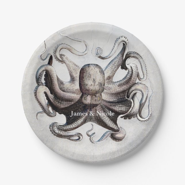 Vintage Octopus Beach Elegant Custom Party Plates (Front)