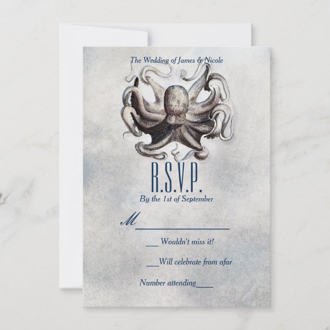 Vintage Octopus Beach Sea Salt Wedding RSVP Card (Front)