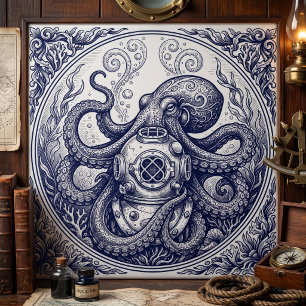 Vintage Octopus Diver Helmet Engraving Art Tile