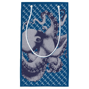 Vintage Octopus Drawing White Anchors Pattern Small Gift Bag