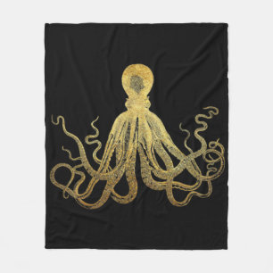 Vintage Octopus Gold Black Ink Coastal Nautical Fleece Blanket