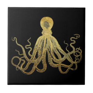Vintage Octopus Gold Black Ink Coastal Nautical Tile