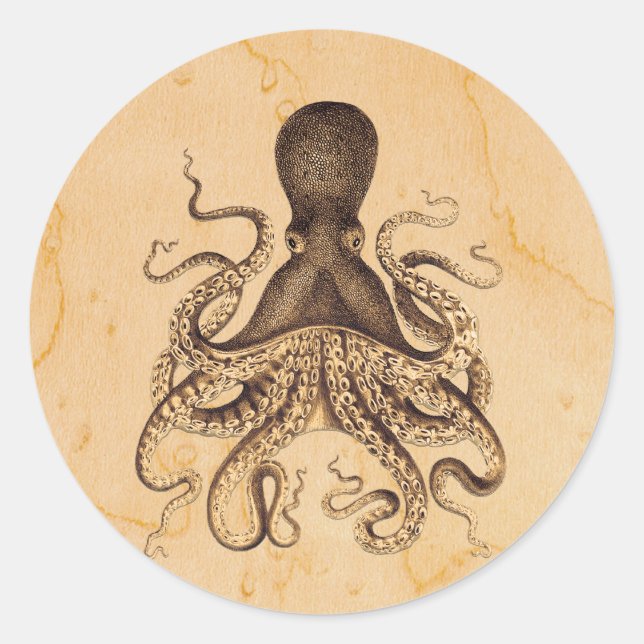 Vintage Octopus Illustration in Browns Classic Round Sticker (Front)