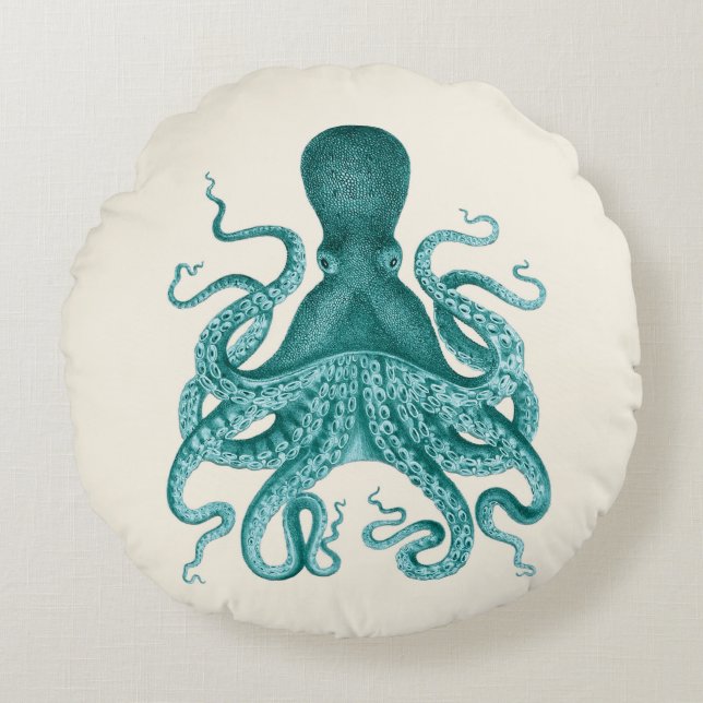 Vintage Octopus Illustration in Turquoise Round Cushion (Front)