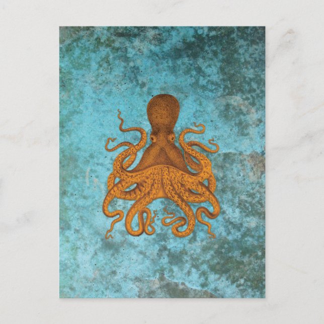 Vintage Octopus Illustration on Turquoise Postcard (Front)