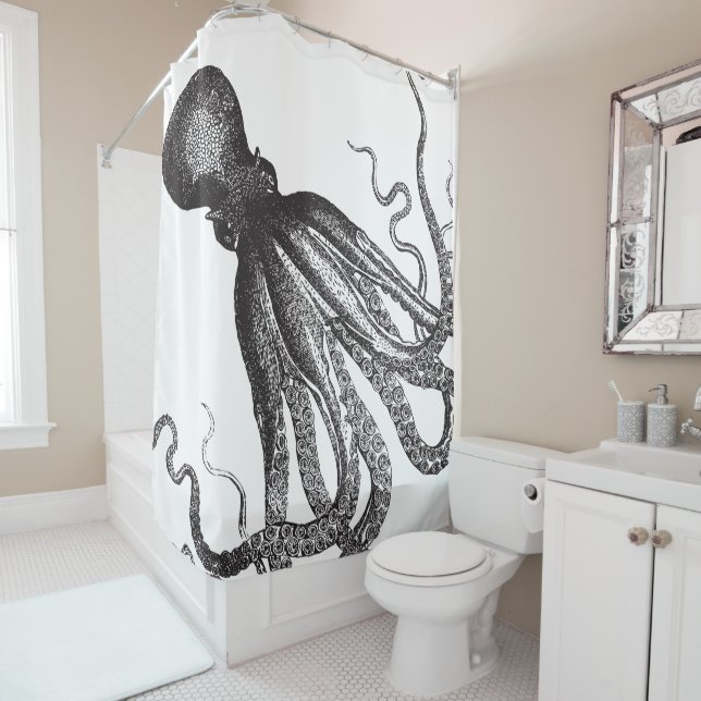 Vintage Octopus in Black V2 Shower Curtain (In Situ)