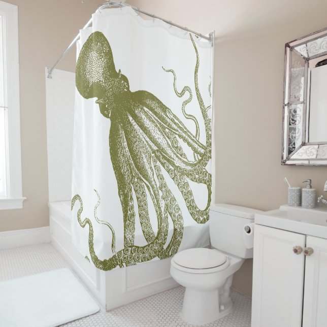 Vintage Octopus in Green V2 Shower Curtain (In Situ)