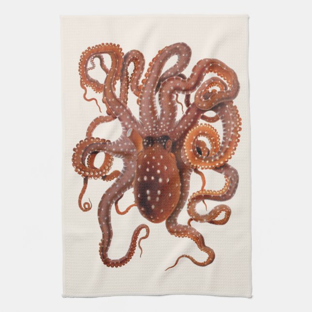 Vintage Octopus Macropus, Marine Aquatic Animals Tea Towel (Vertical)