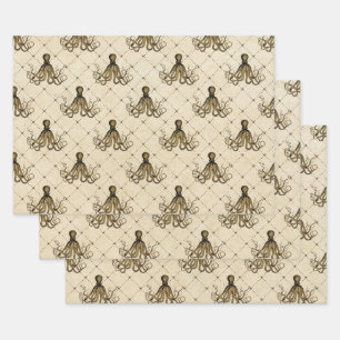 Vintage Octopus on Cream Wrapping Paper Sheet