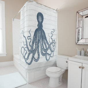 Vintage Octopus on White Wood   Slate Blue Shower Curtain